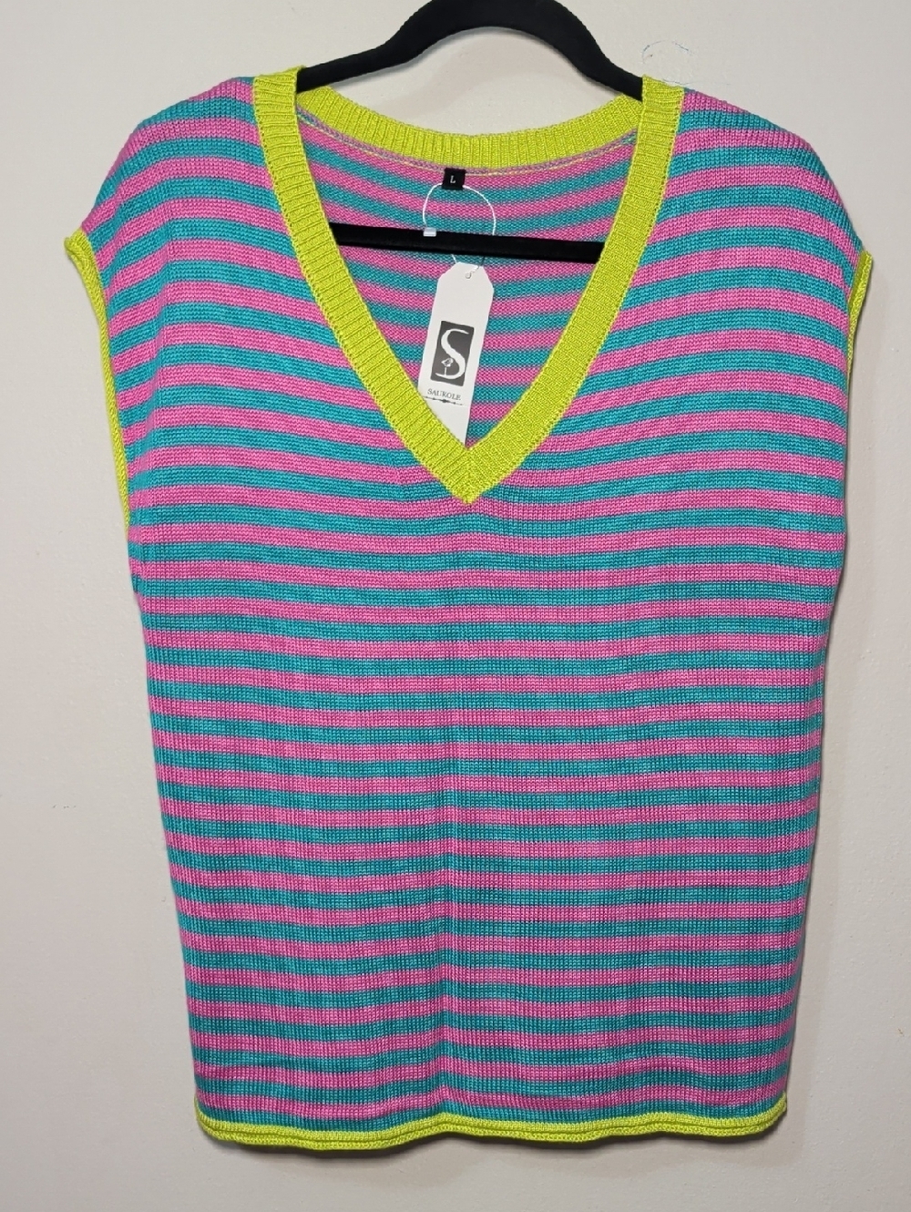 Pink + Blue Striped Sweater Tank with Neon Green Trim Saukole Women's Size L